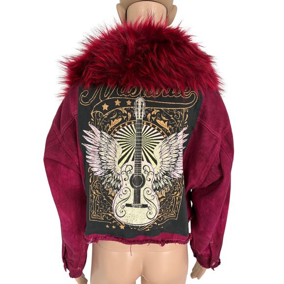 Upcycled Y2K Cropped Oversized Denim Jacket Faux Fur Guitar Graphic Burgundy - Picture 1 of 8